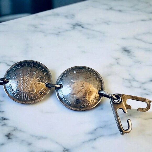 Australian Silver Coins WII Sweetheart Bracelet Shell Trench Art 6" - Picture 8 of 16